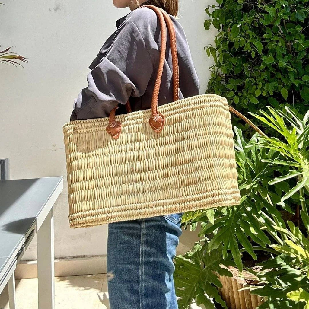 Reed Basket with Thick Leather Handles