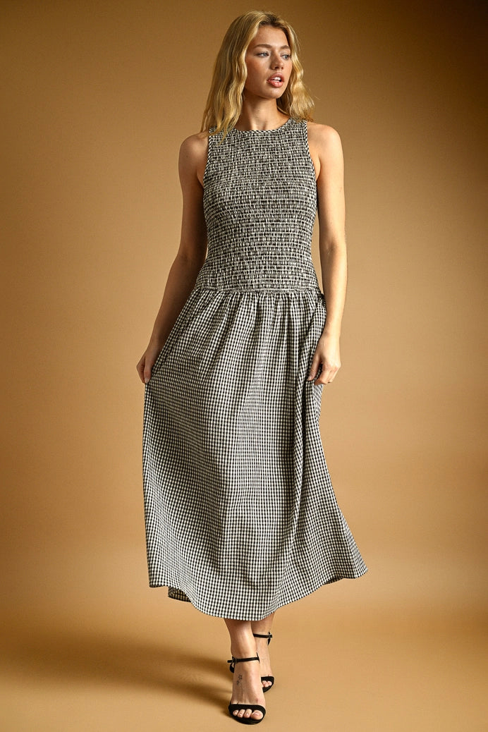 Mini Gingham Sleeveless Long Dress in Black