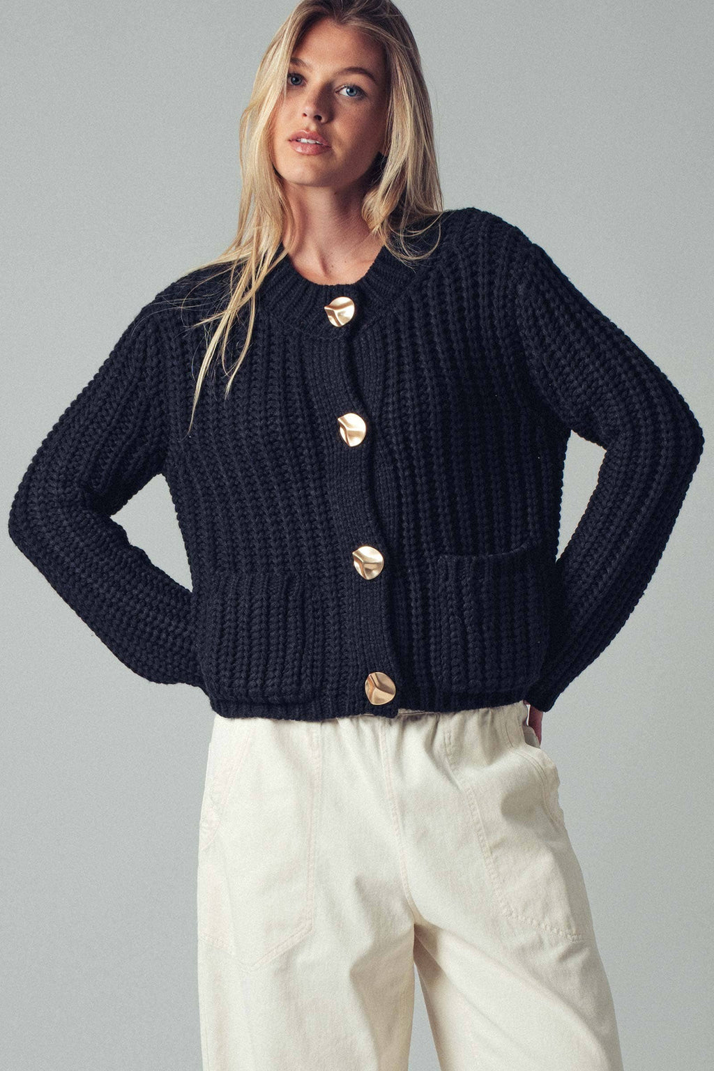 Chunky Gold Button Ribbed Knit Cardigan