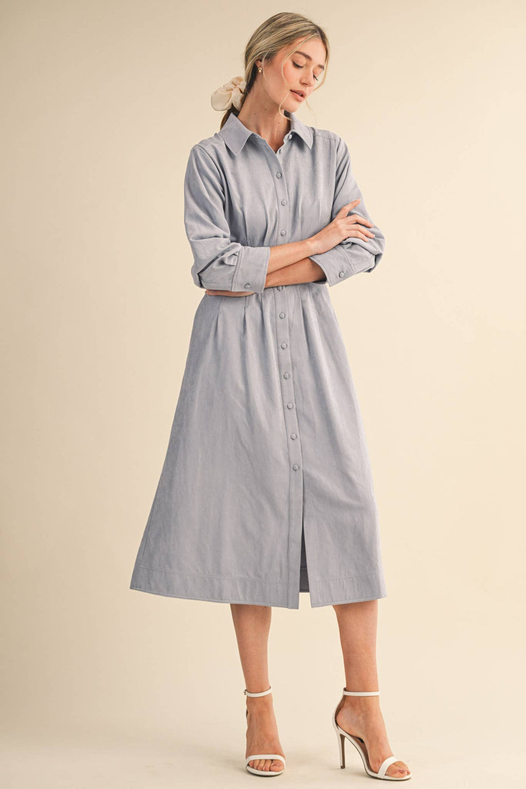 Pleated Waist Button Down Midi Dress