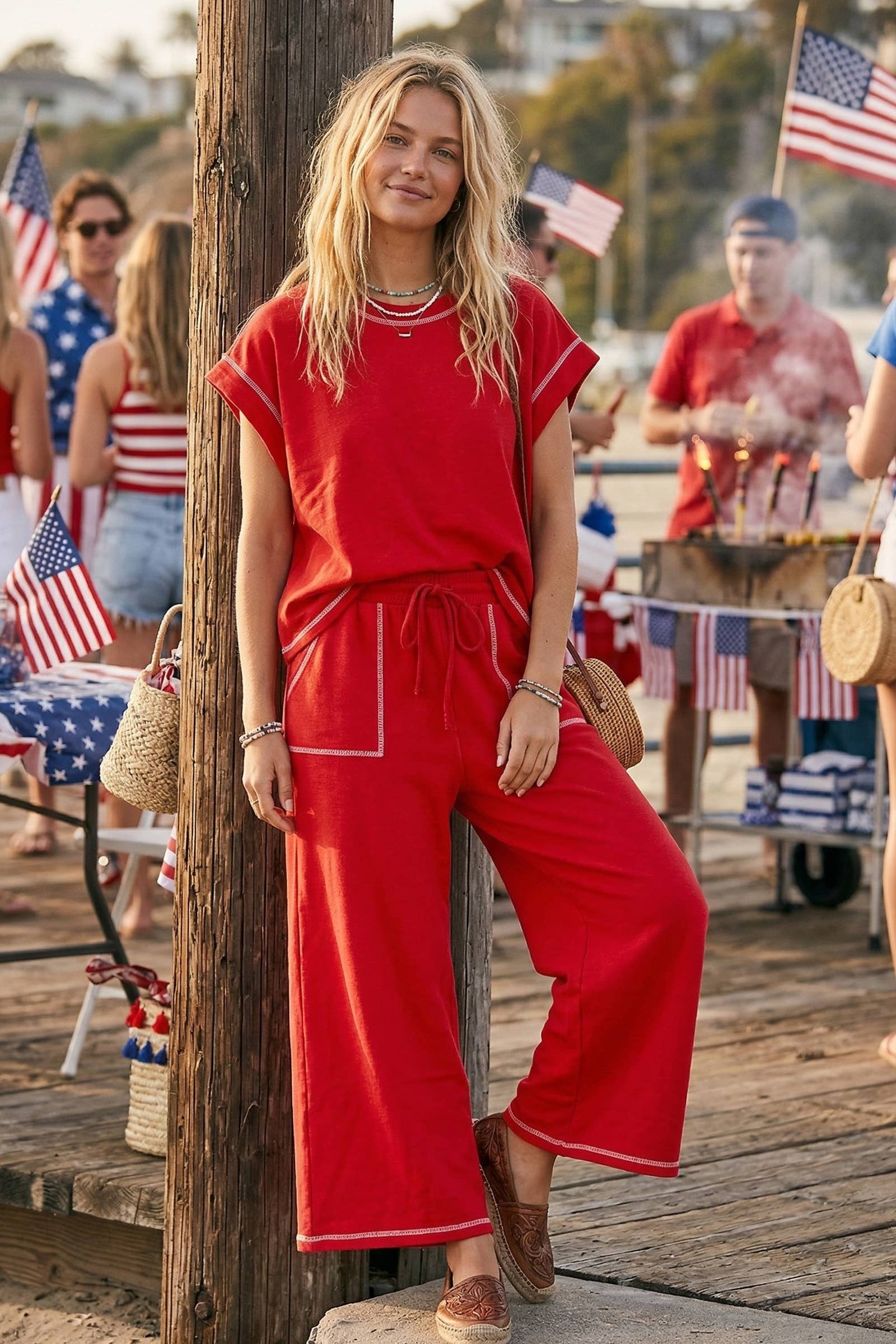 Scuba Contrast Stitch Lounge Set in Red