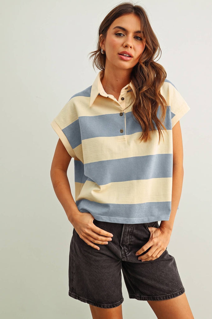 Wide Stripe Polo Shirt in Beige Blue