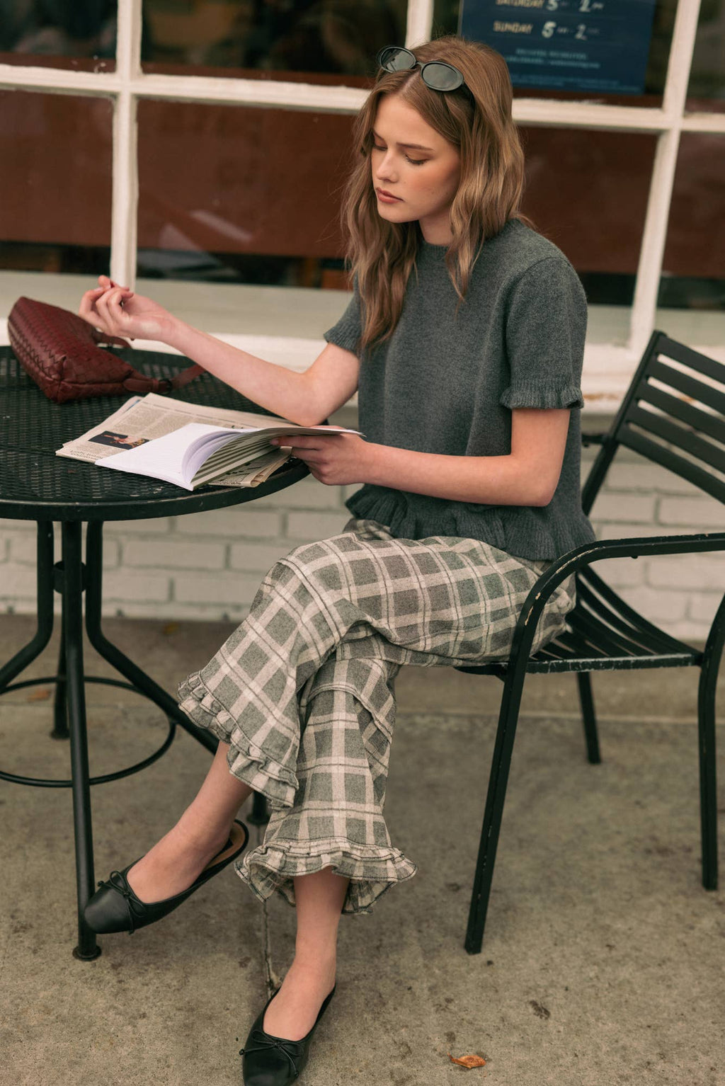 Ruffle Detail Plaid Pants