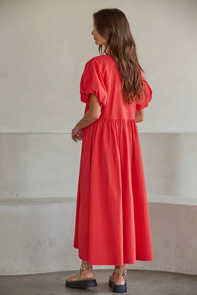 V-Neck Puff Sleeve Maxi Dress