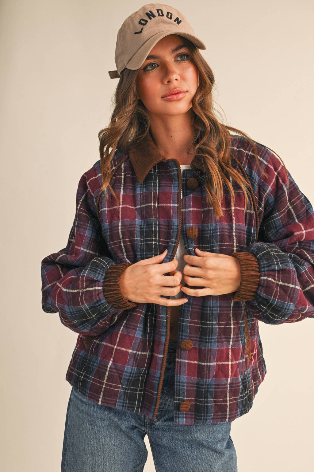 Plaid Quilted Jacket with Contrast Corduroy Detail