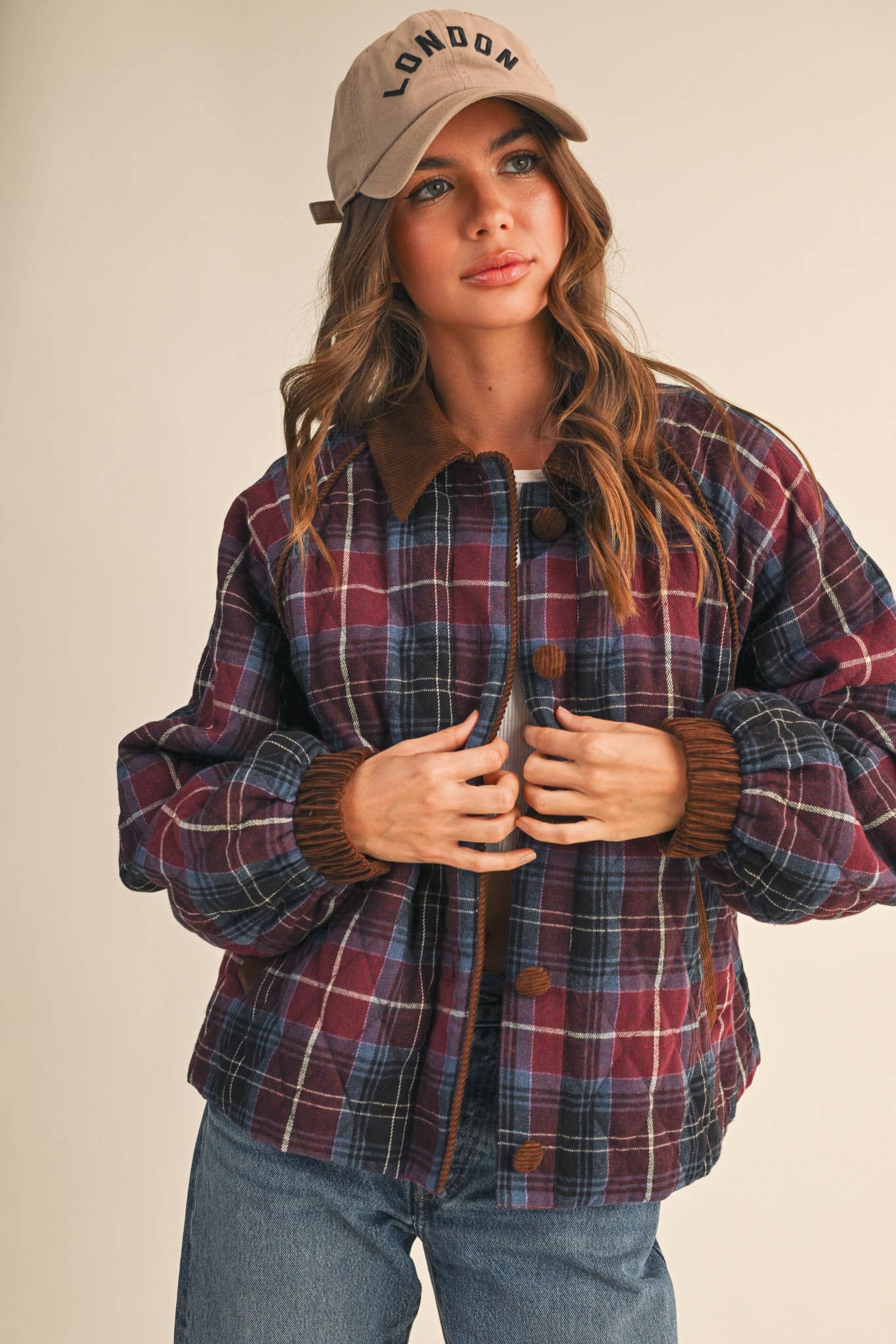 Plaid Quilted Jacket with Contrast Corduroy Detail