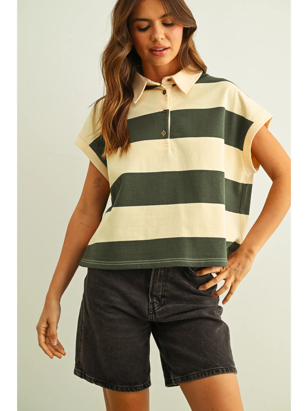 Wide Stripe Polo Shirt in Green Beige