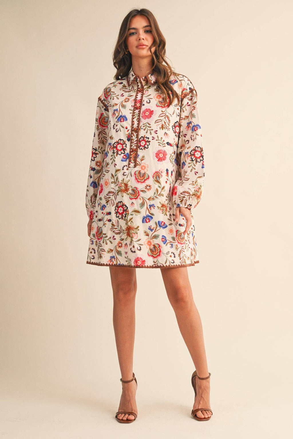 Blanket Stitch Buttoned Floral Mini Dress