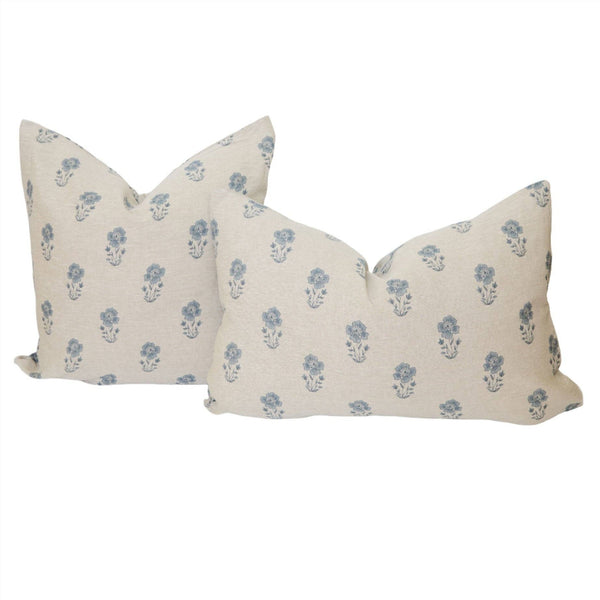 Linen Petite Blue Floral Pillow Cover