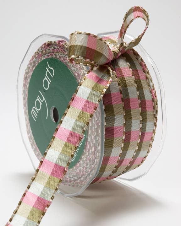 Taupe, Green & Pink Gingham Checkered Ribbon