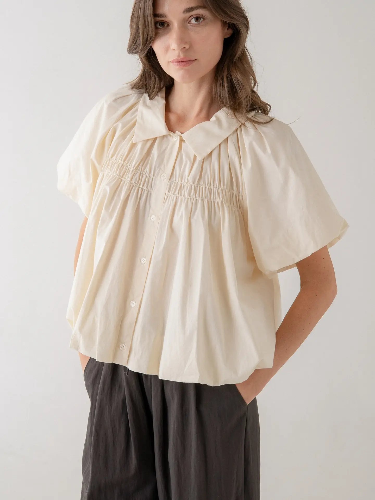 Gathered Bodice Puff Sleeve Button Down Blouse