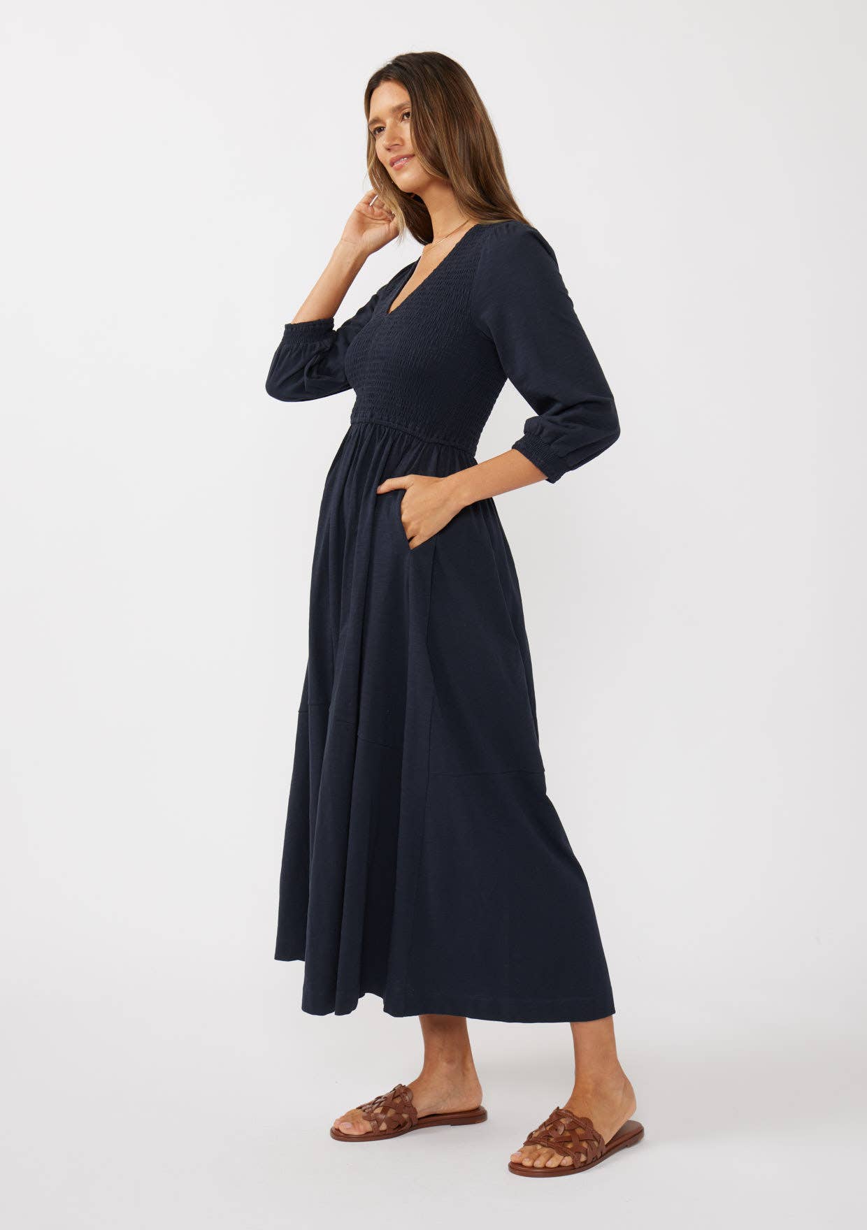 V-Neck Smocked Slub Knit Maxi Dress