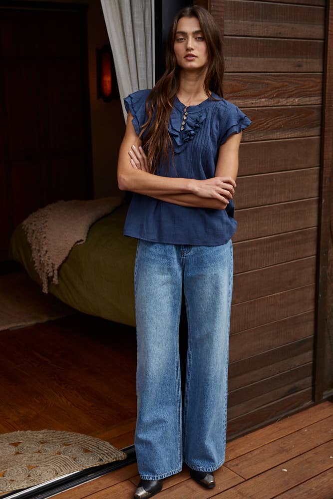 Linen Button V-Neck Short Sleeve Top