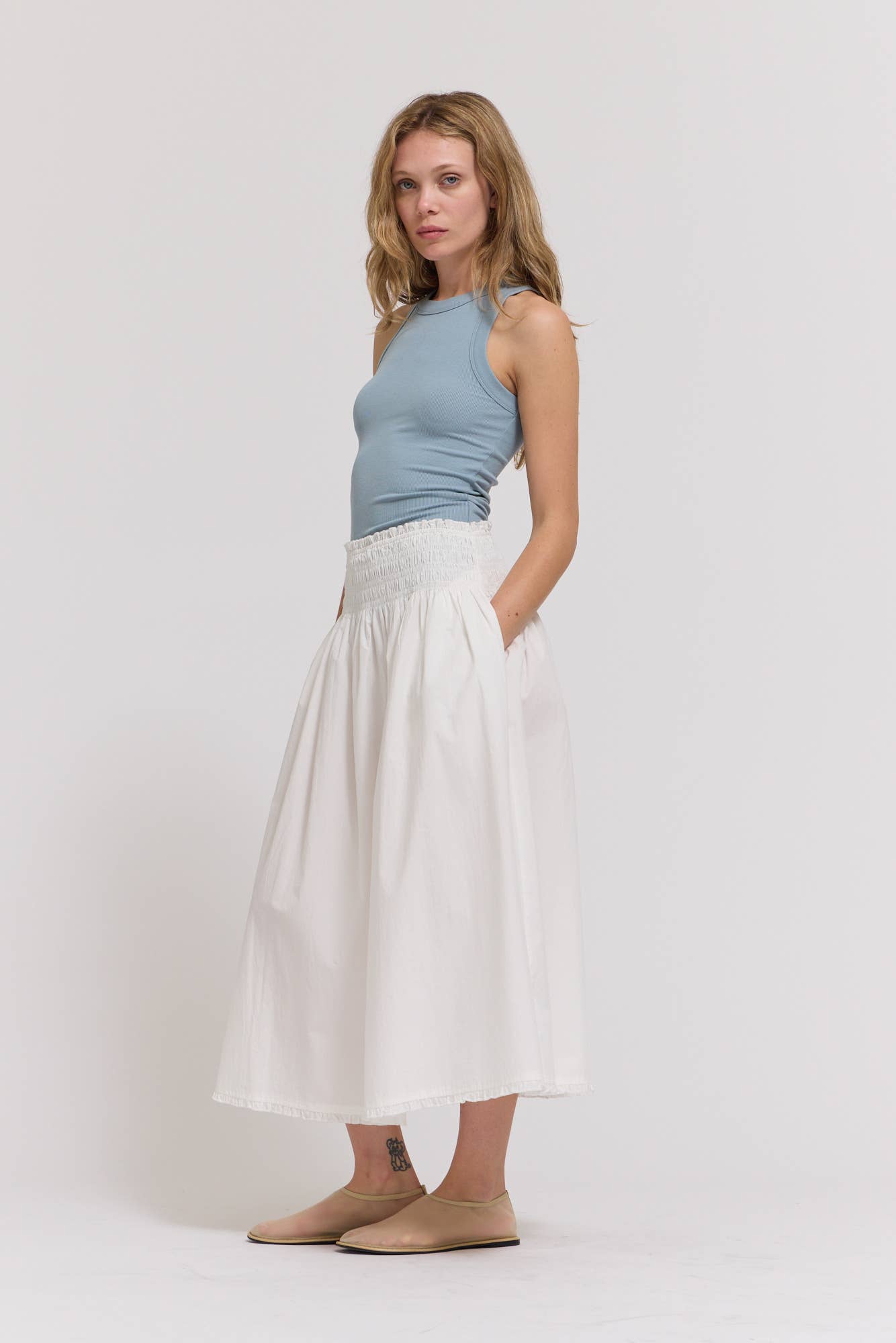 Eyelet Trim Smocking Waist Skirt