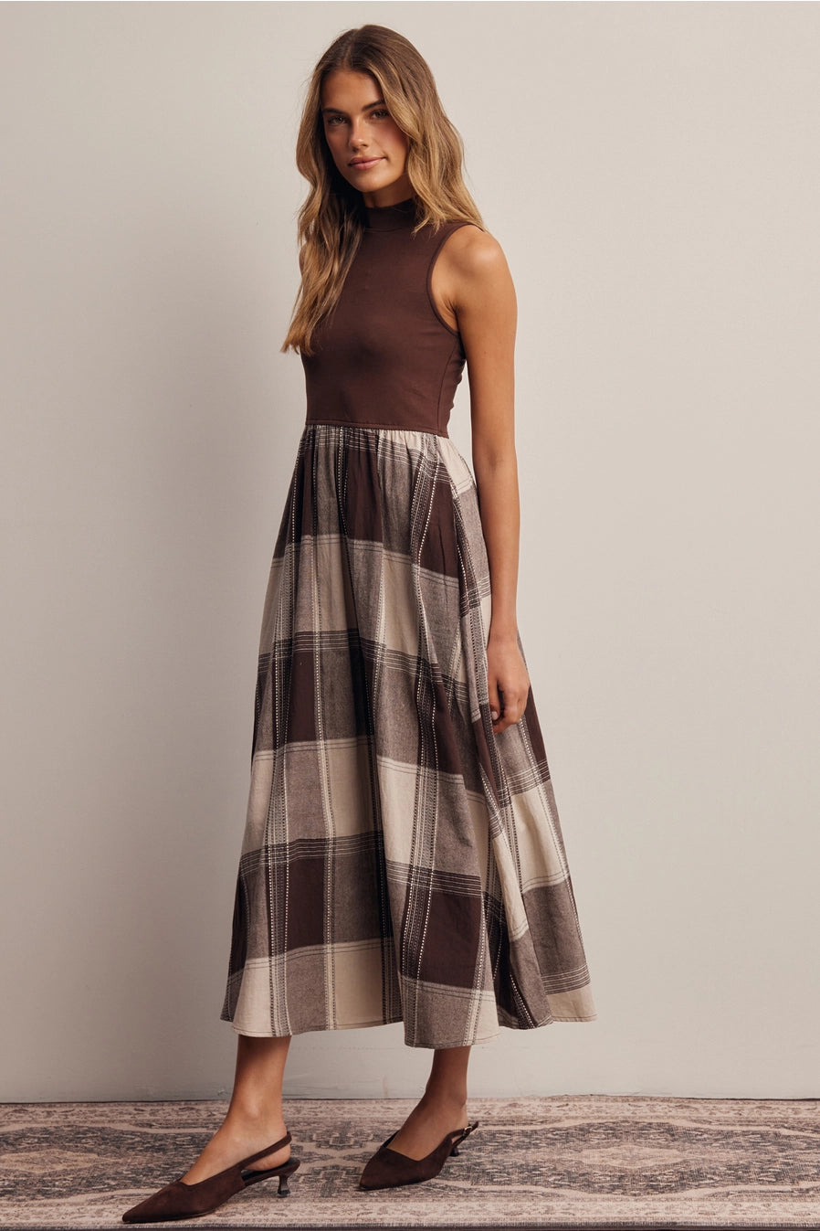 Mixed Media Plaid Midi Dress