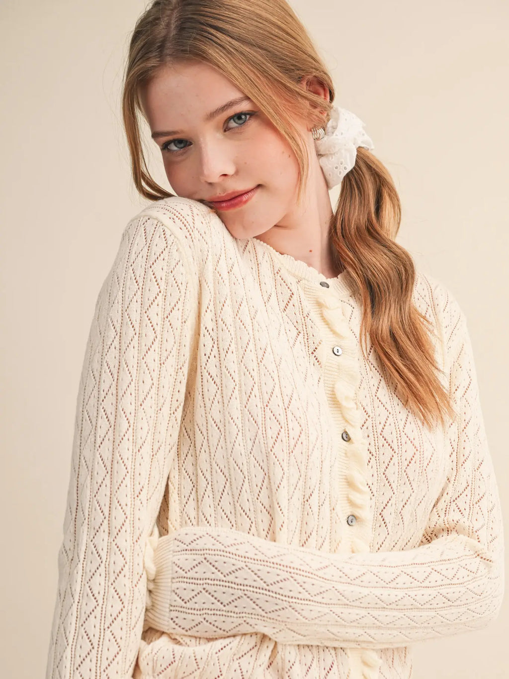 Ruffled Edge Pointelle Knit Sweater Cardigan