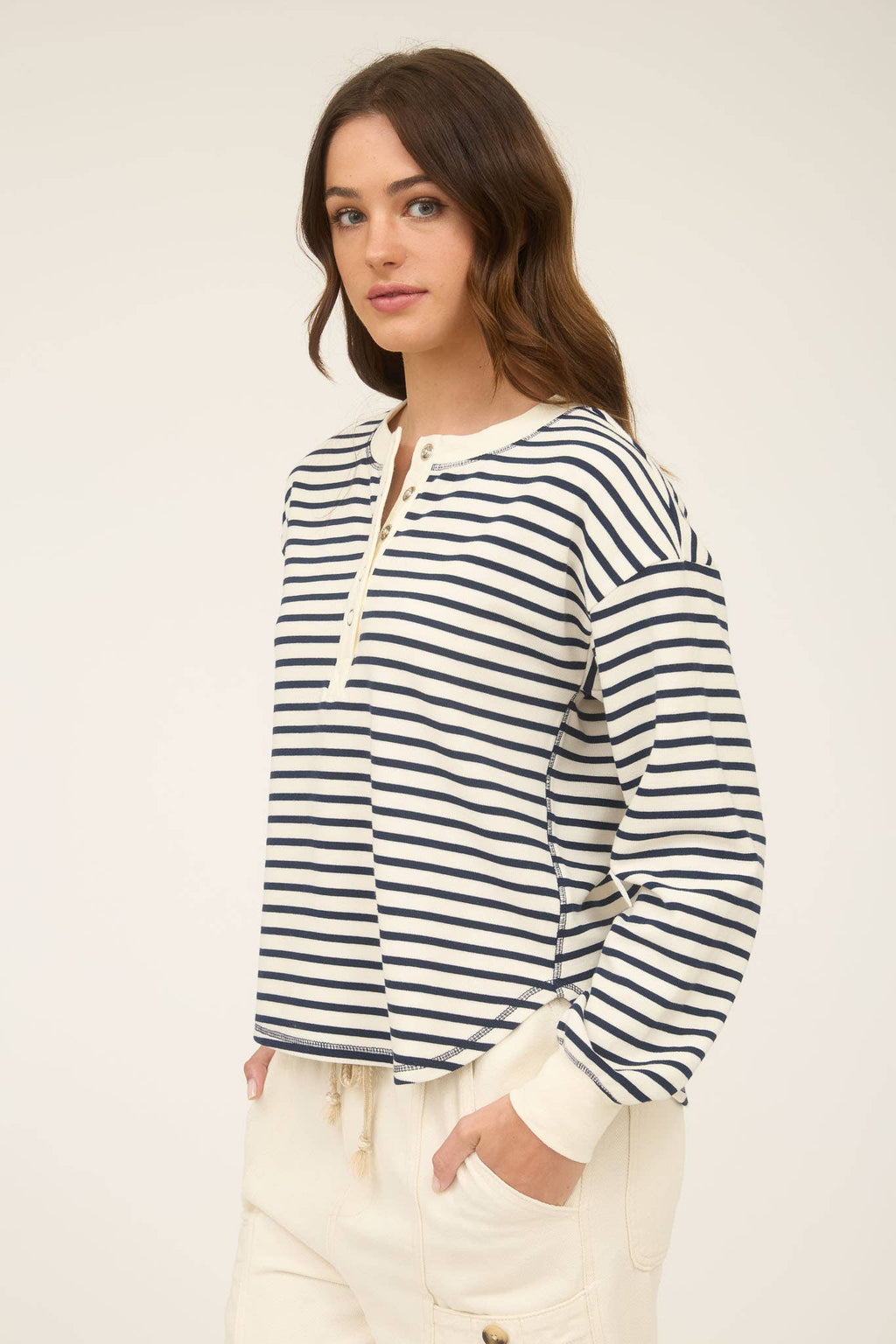 Stripe Henley Button Knit Top