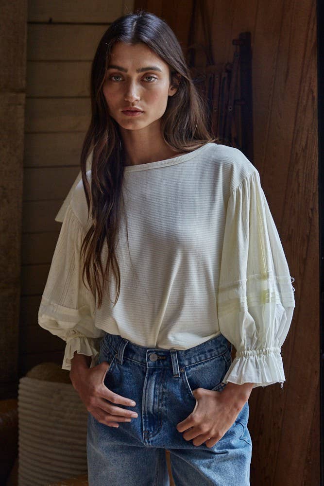 Quarter Balloon Sleeve Top with Pleat Detail