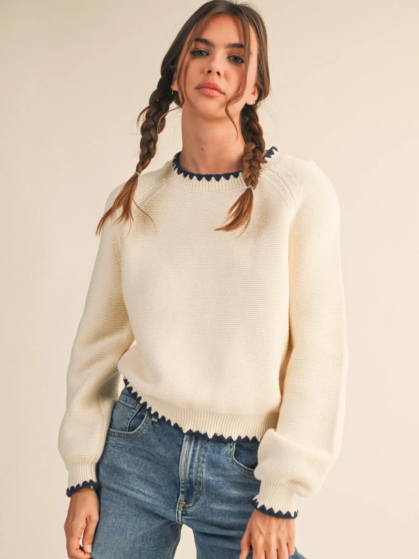 Contrast Stitch Puff Sleeve Sweater