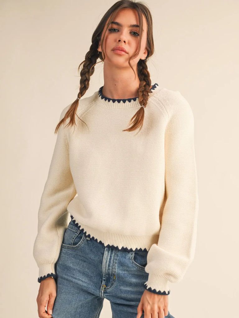 Contrast Stitch Puff Sleeve Sweater