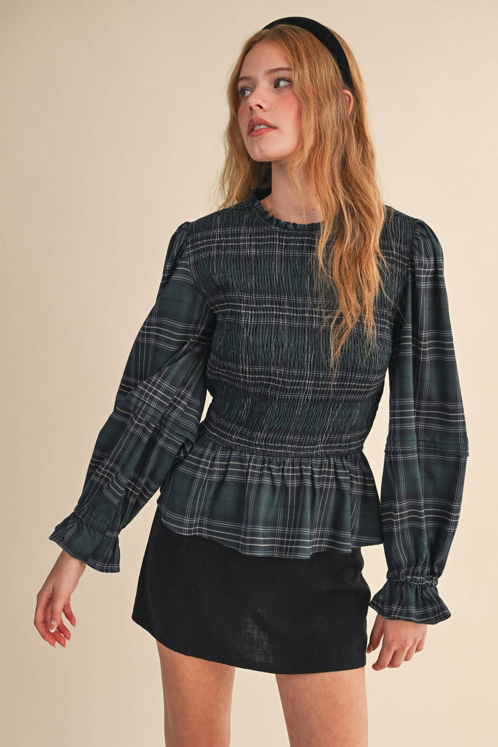 Smocked Plaid Puff Sleeve Peplum Top