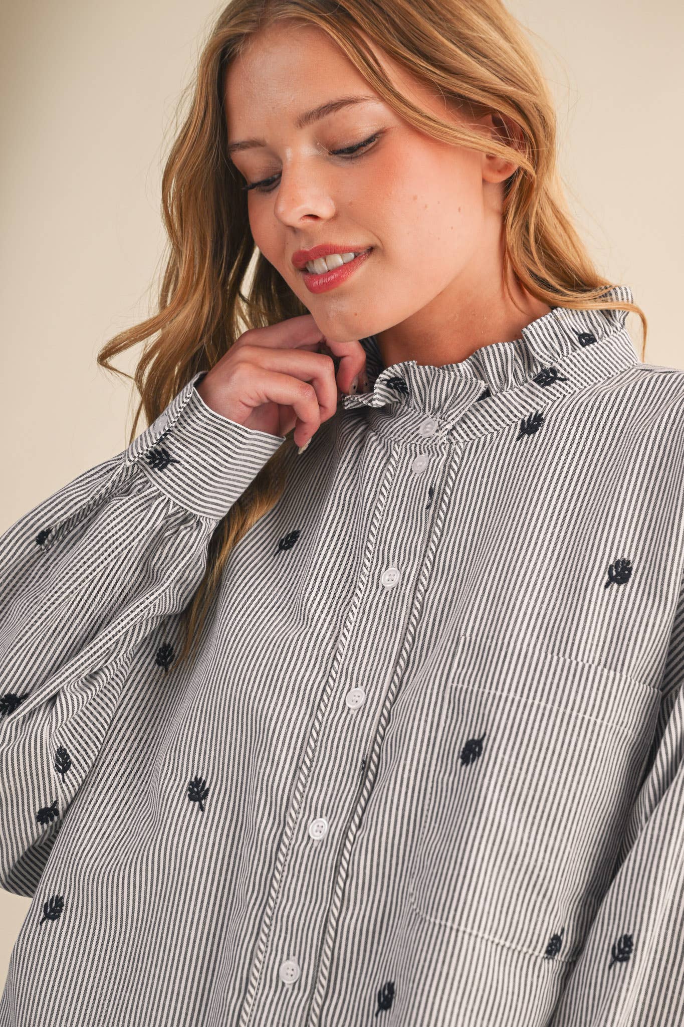Embroidered Mock Neck Striped Button Up
