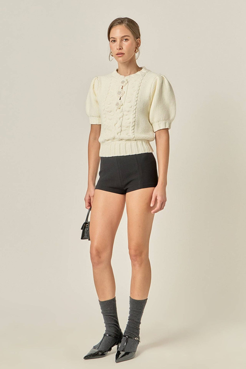 Flower Detail Puff Sleeve Knit Top