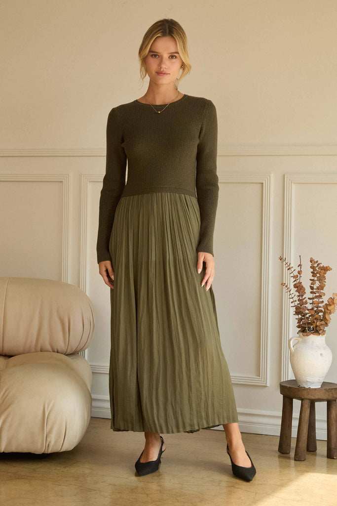 Mixed Media Long Sleeve Maxi Dress