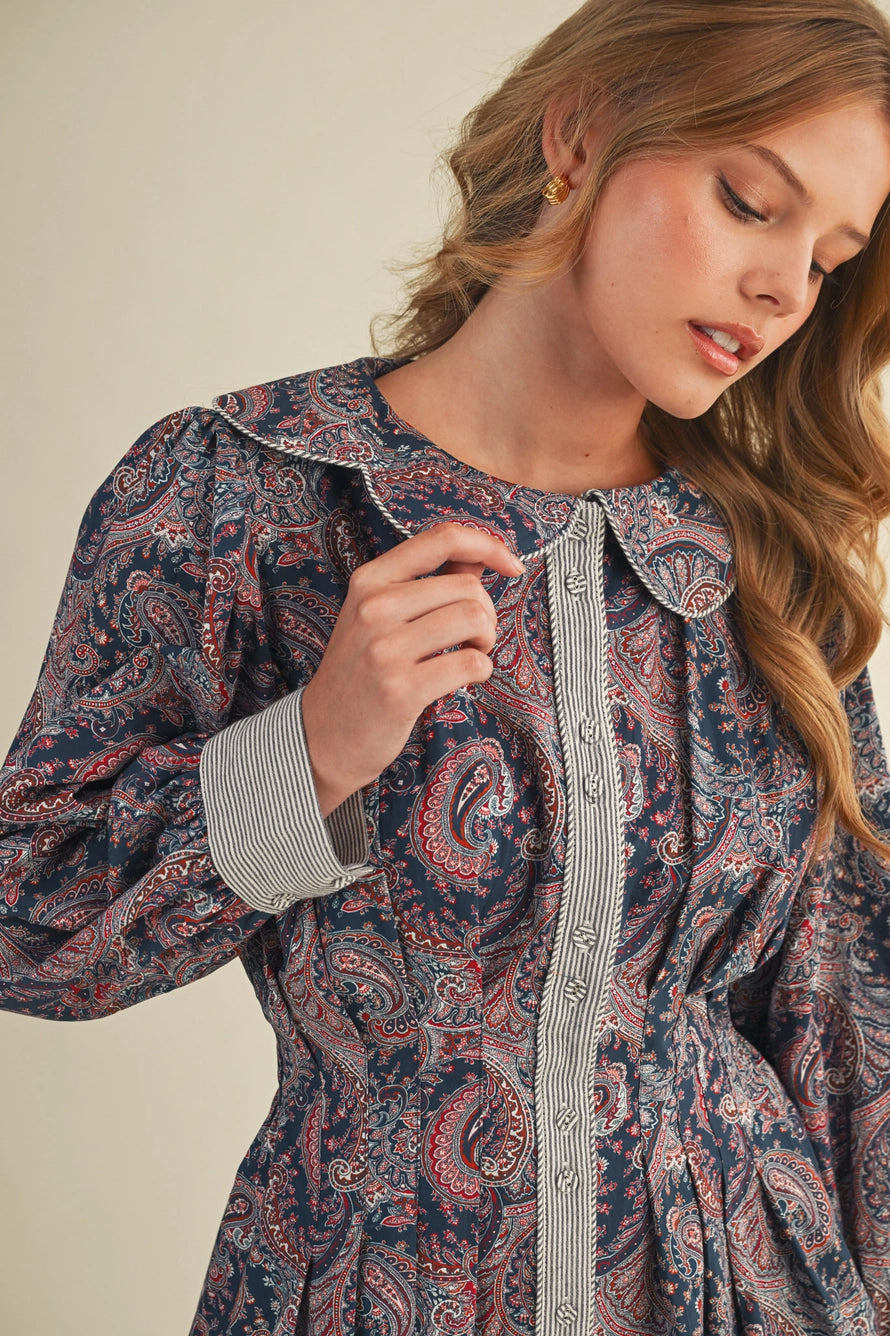 Paisley Pleated Waist Flared Mini Dress