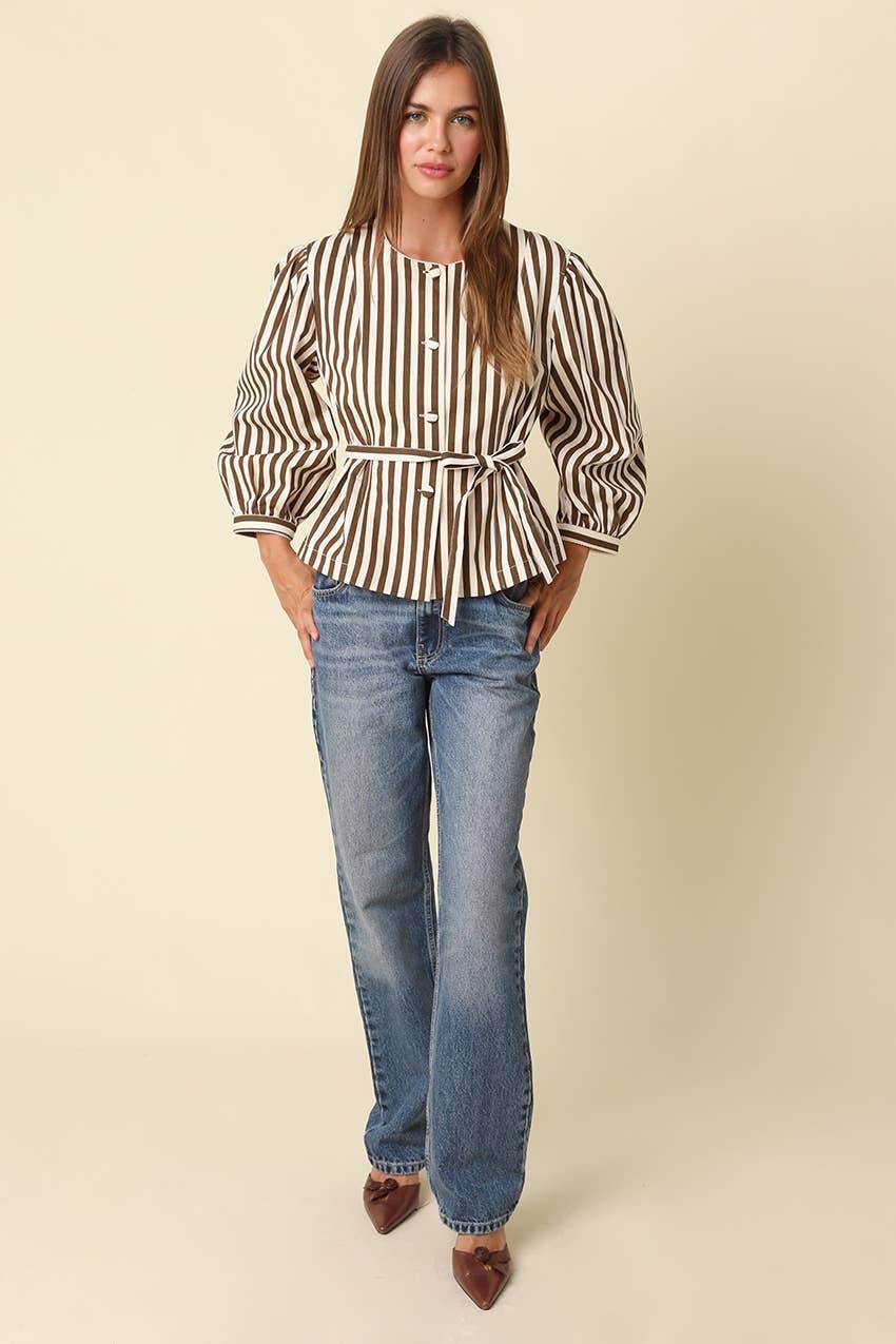 Benica Striped Belted Peplum Blouse