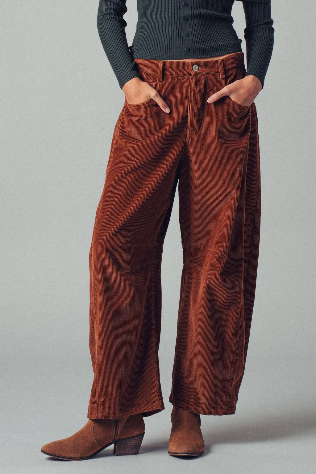 Inseam Stitch Detail Corduroy Barrel Jeans