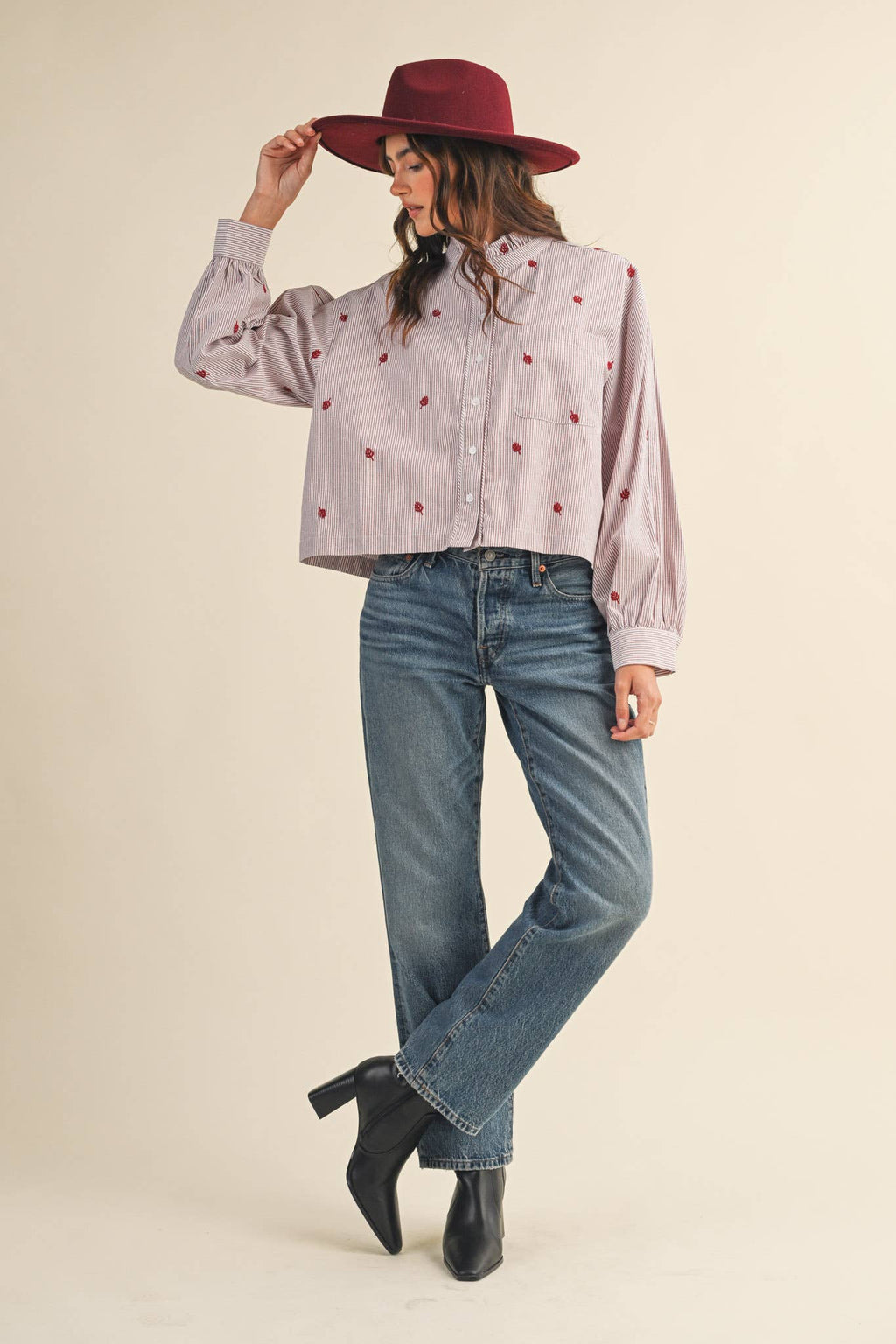 Embroidered Mock Neck Striped Button Up