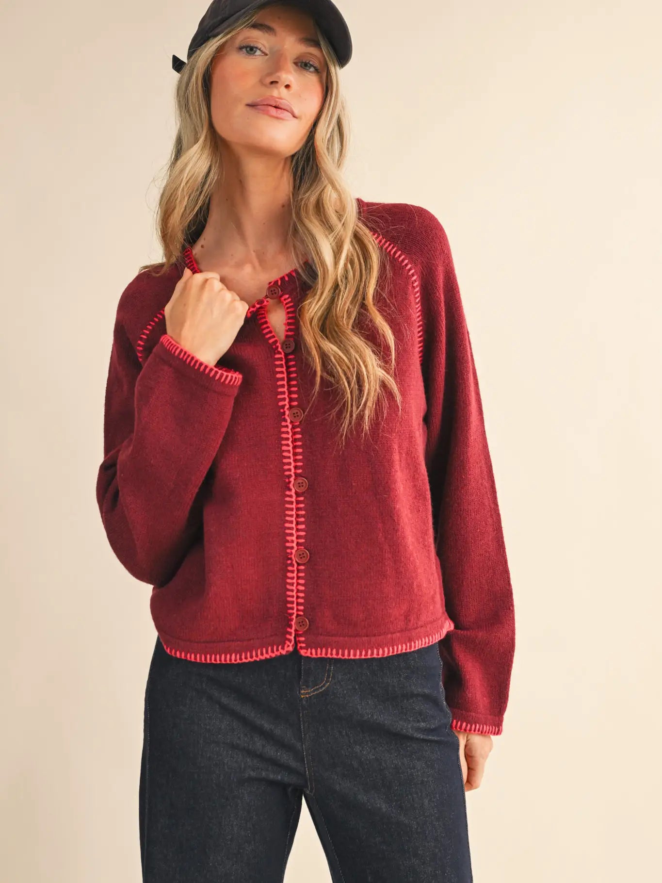 Contrast Blanket Stitch Sweater Cardigan
