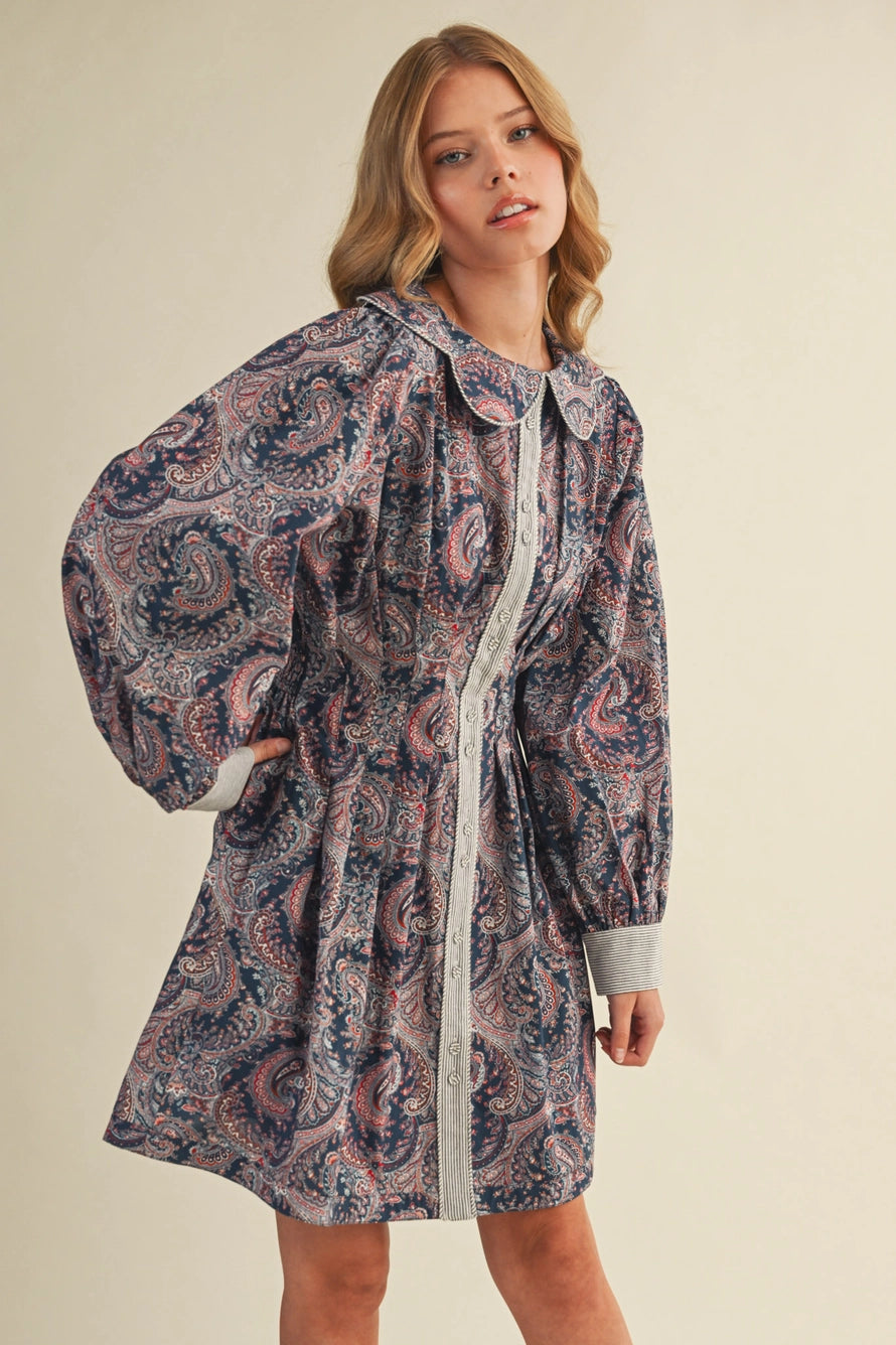 Paisley Pleated Waist Flared Mini Dress