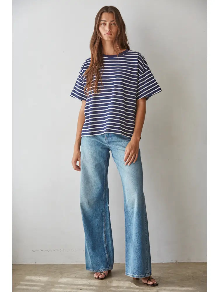 Striped Crew Neck Top in Navy White