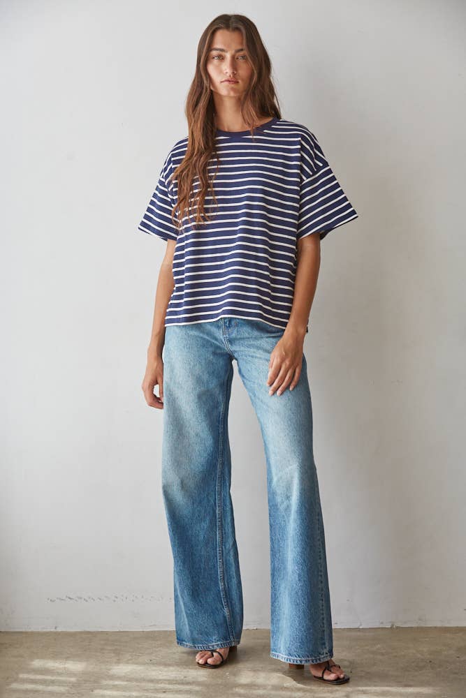 Striped Crew Neck Top in Natural Navy