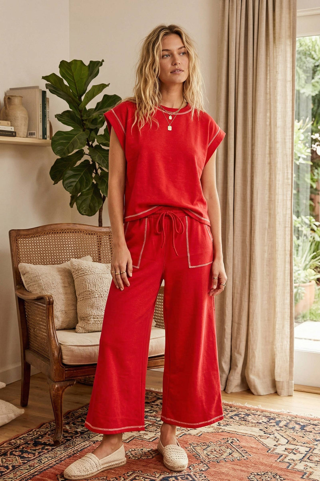 Scuba Contrast Stitch Lounge Set in Red