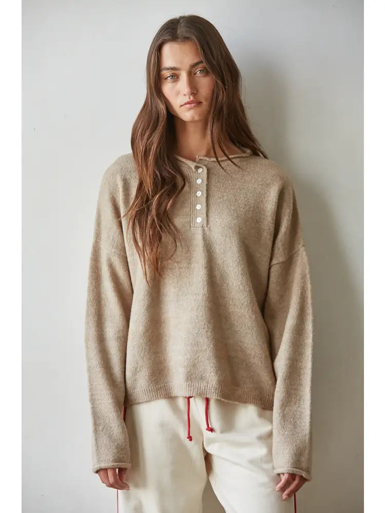 Half Button Round Neck Long Sleeve