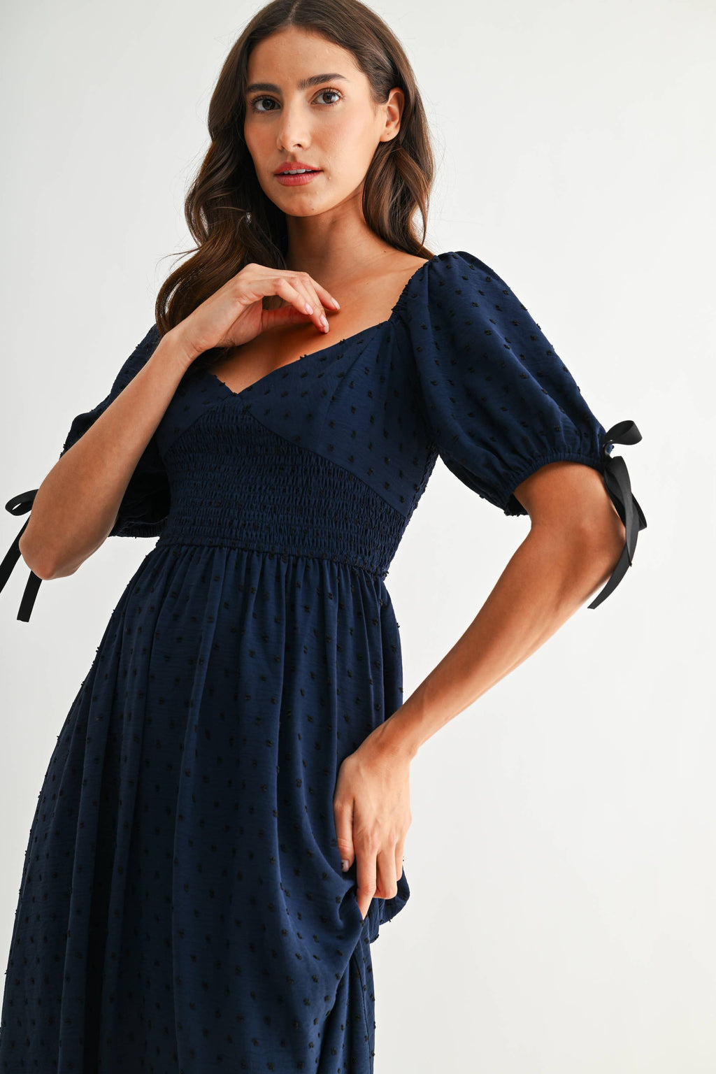 Smocked Bodice Textured Midi Dress