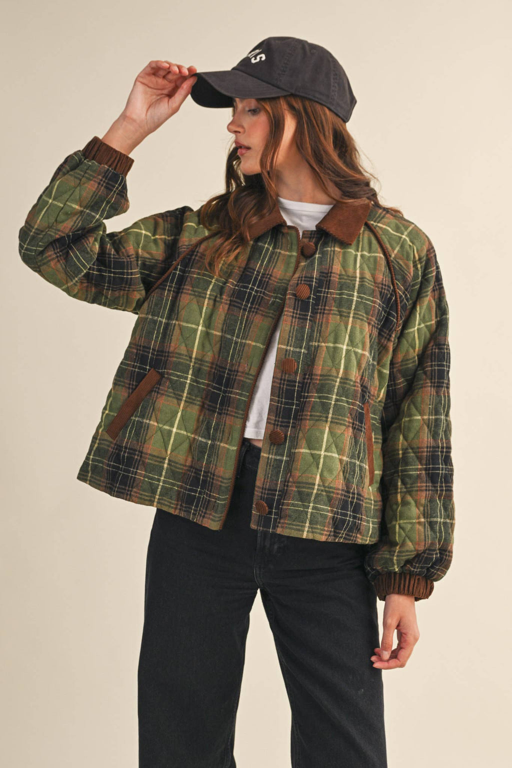 Plaid Quilted Jacket with Contrast Corduroy Detail