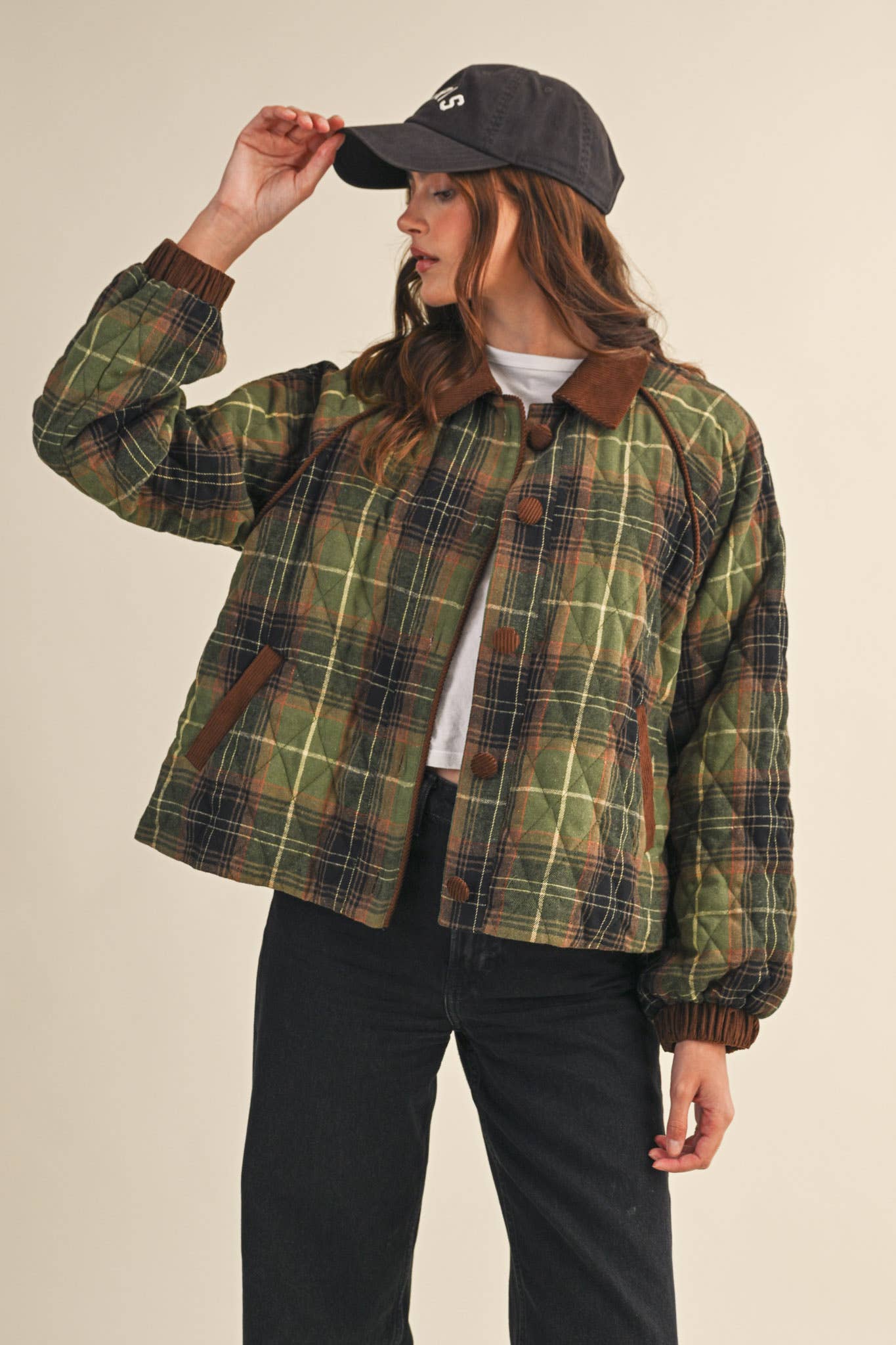 Plaid Quilted Jacket with Contrast Corduroy Detail