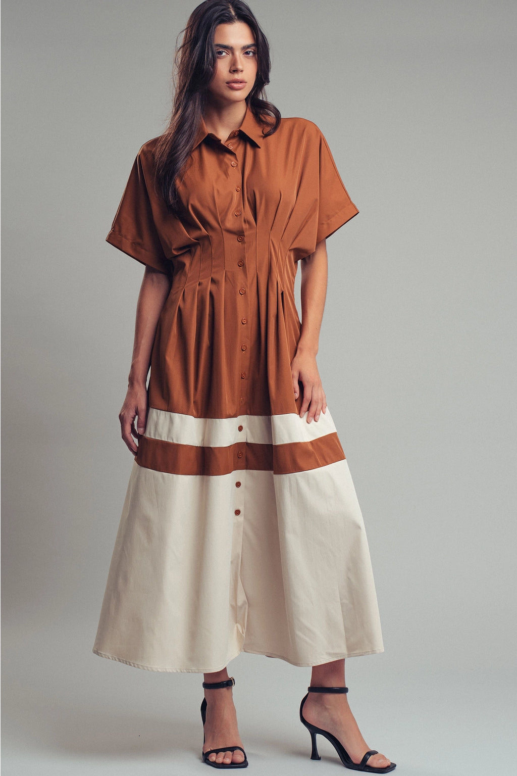 Colorblock Button-Up Cotton Midi Dress