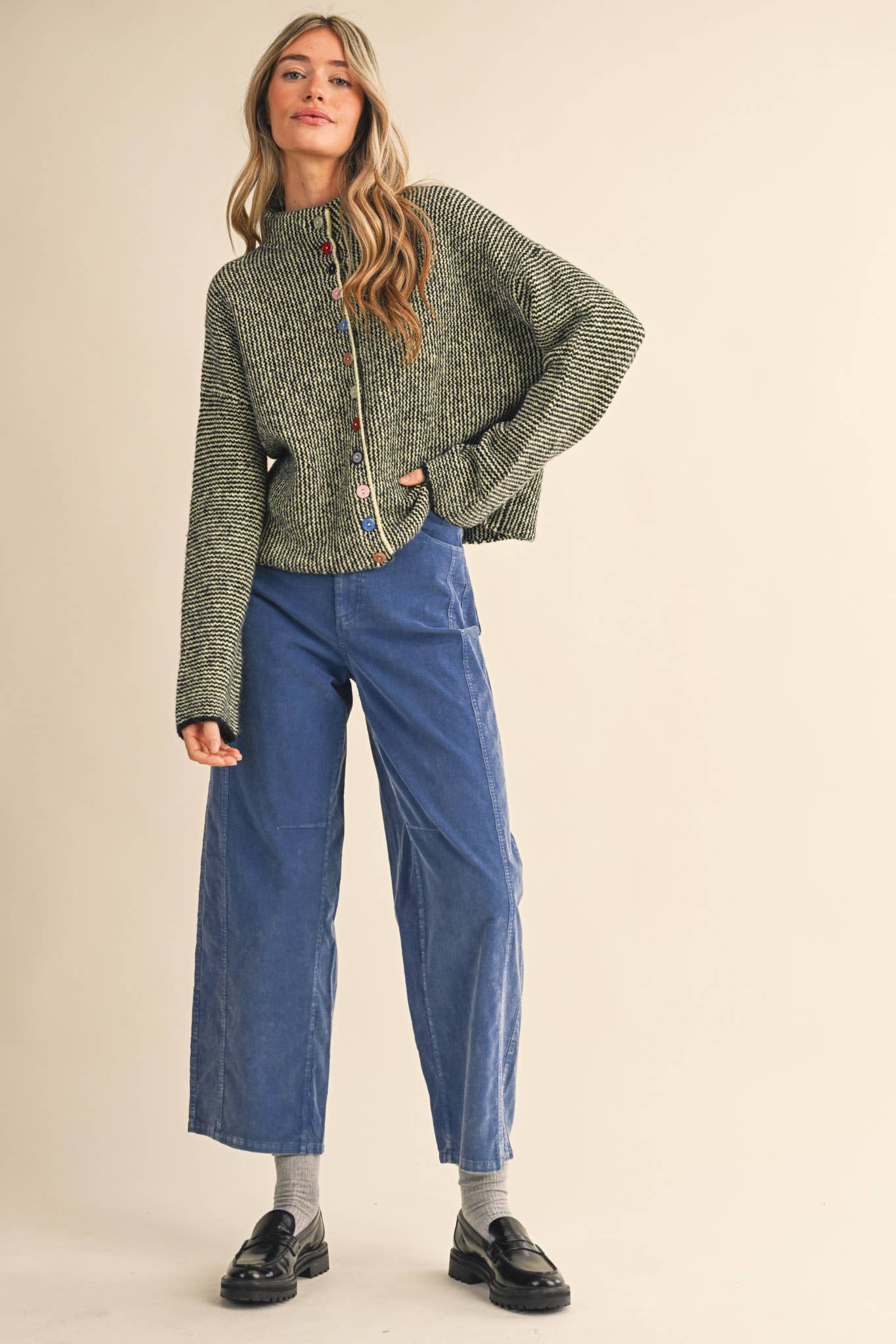Striped Sweater Cardigan with Colorful Buttons