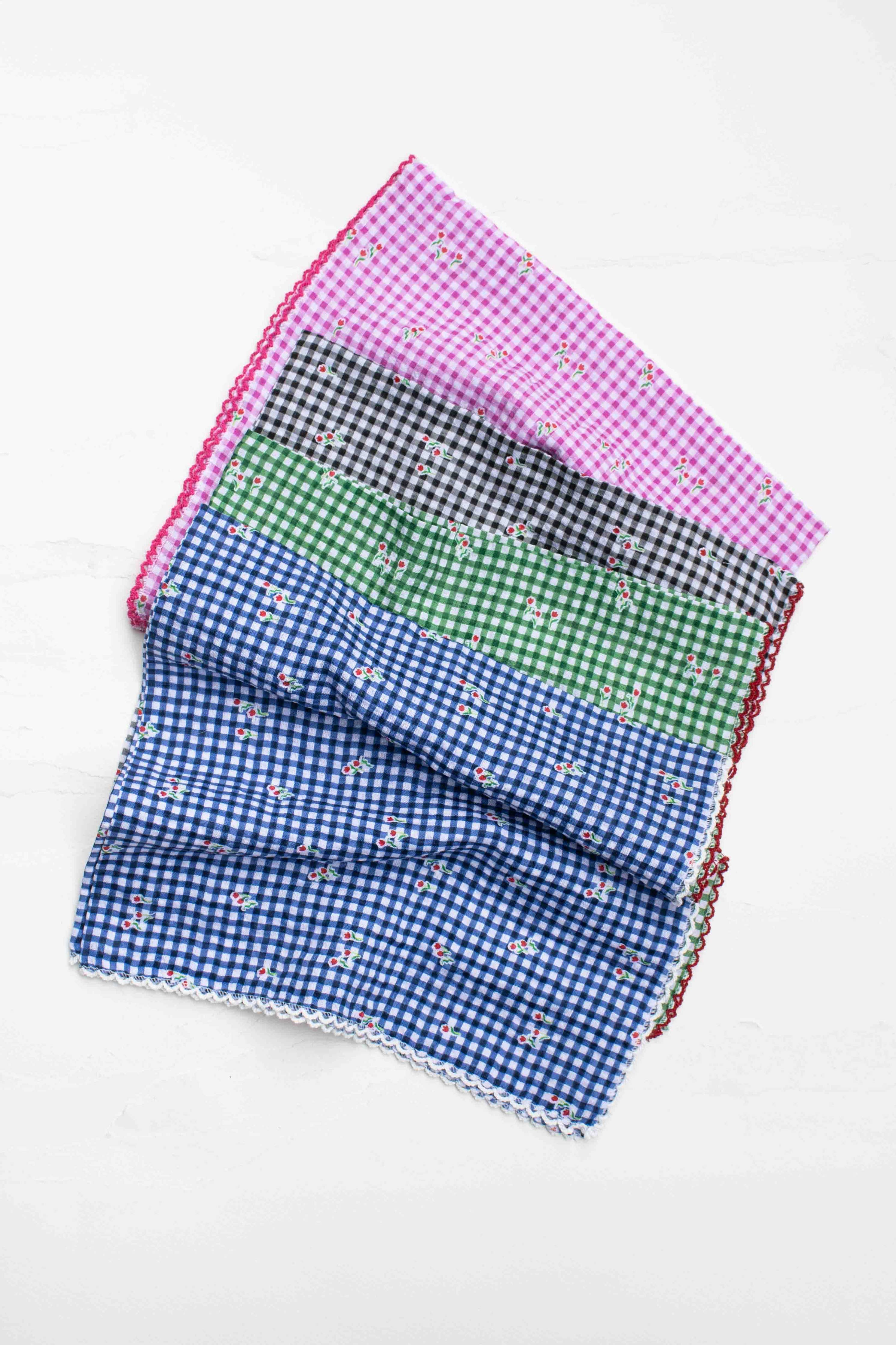 Gingham Floral Cotton Blend Scarf