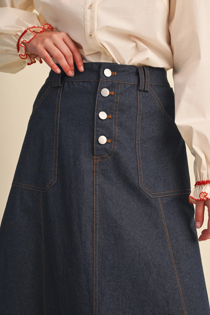 Denim A-Line Midi Skirt