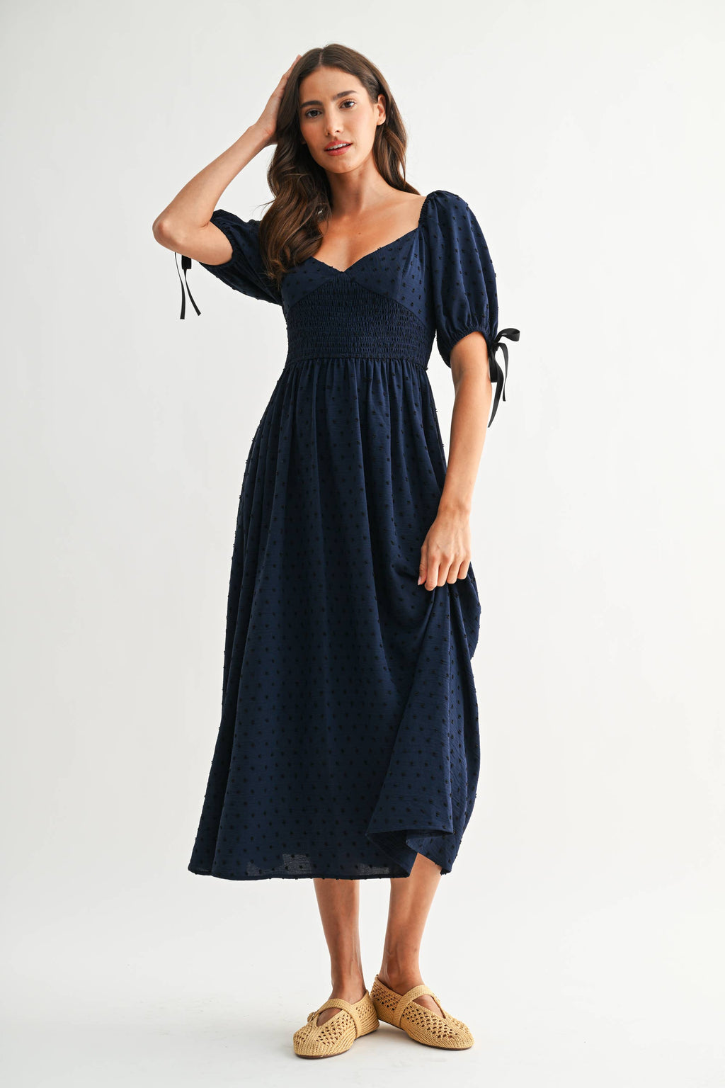 Smocked Bodice Textured Midi Dress