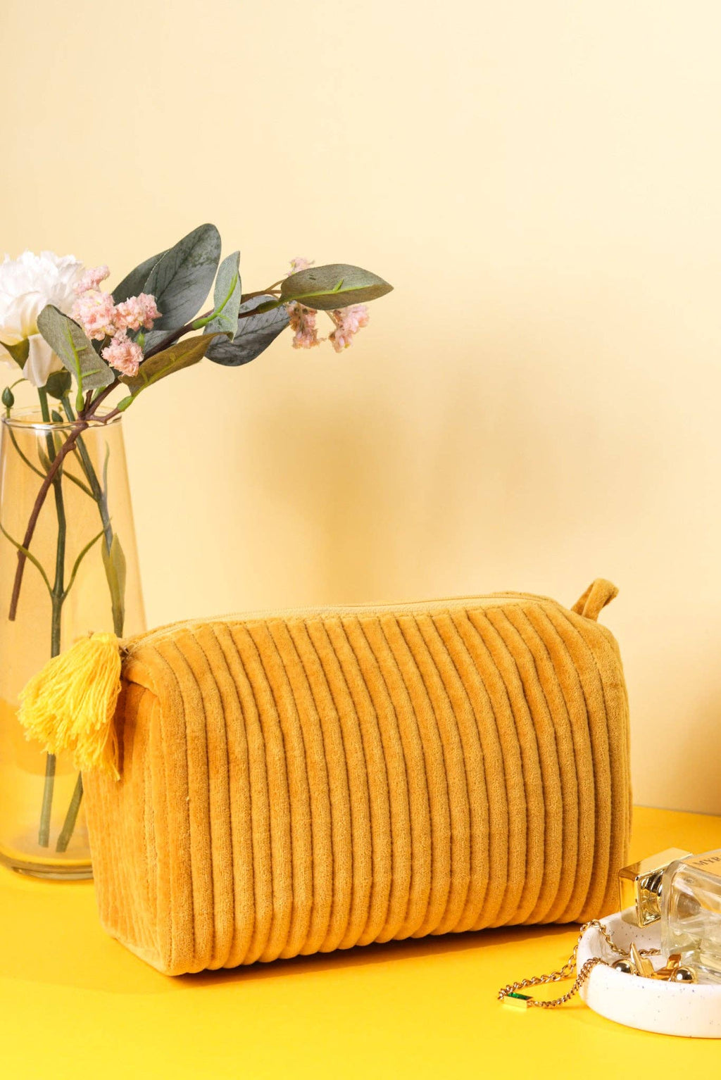 Goldenrod Velvet & Block Print Lined Cosmetic Pouch