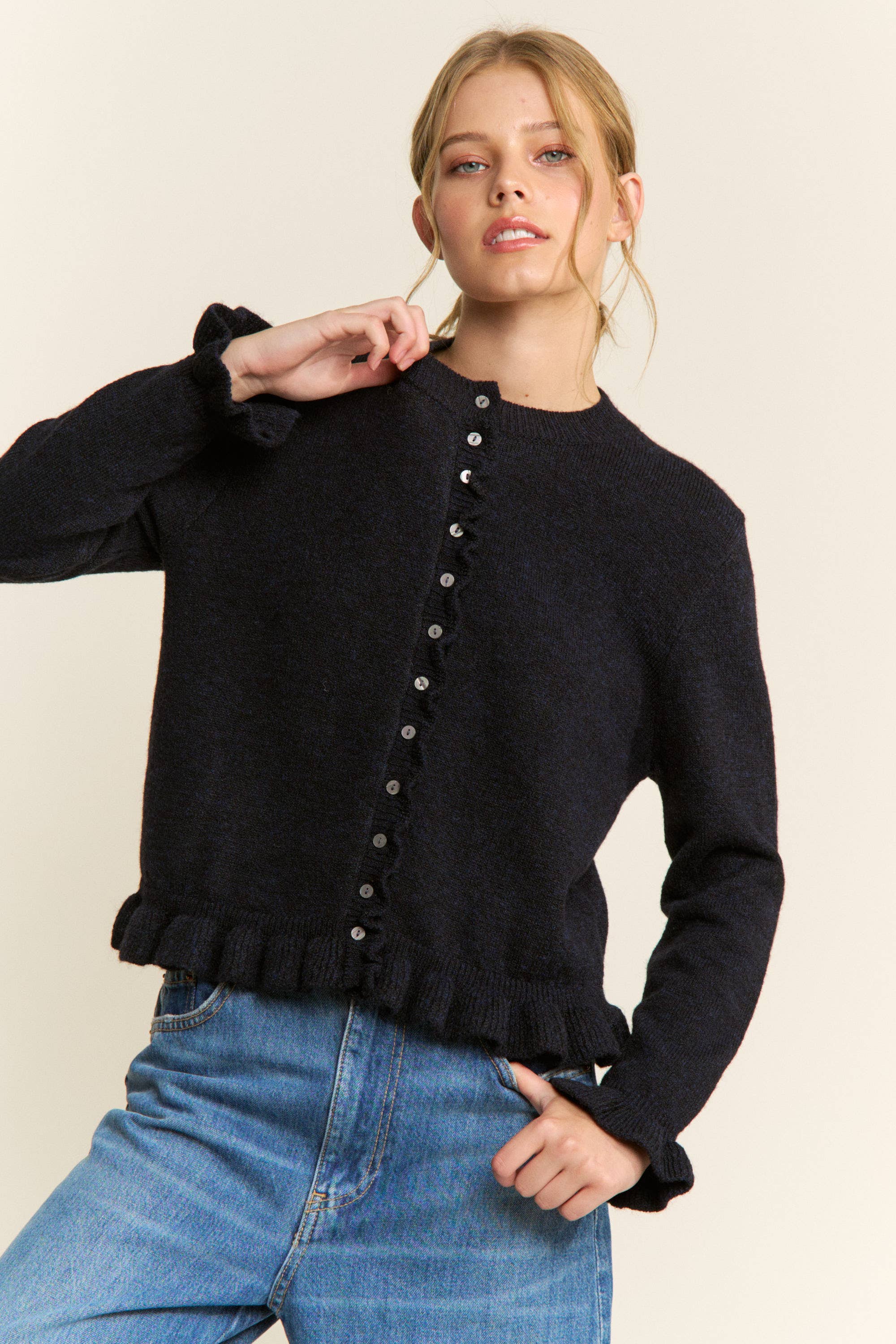 Ruffle Trim Button-Up Cardigan