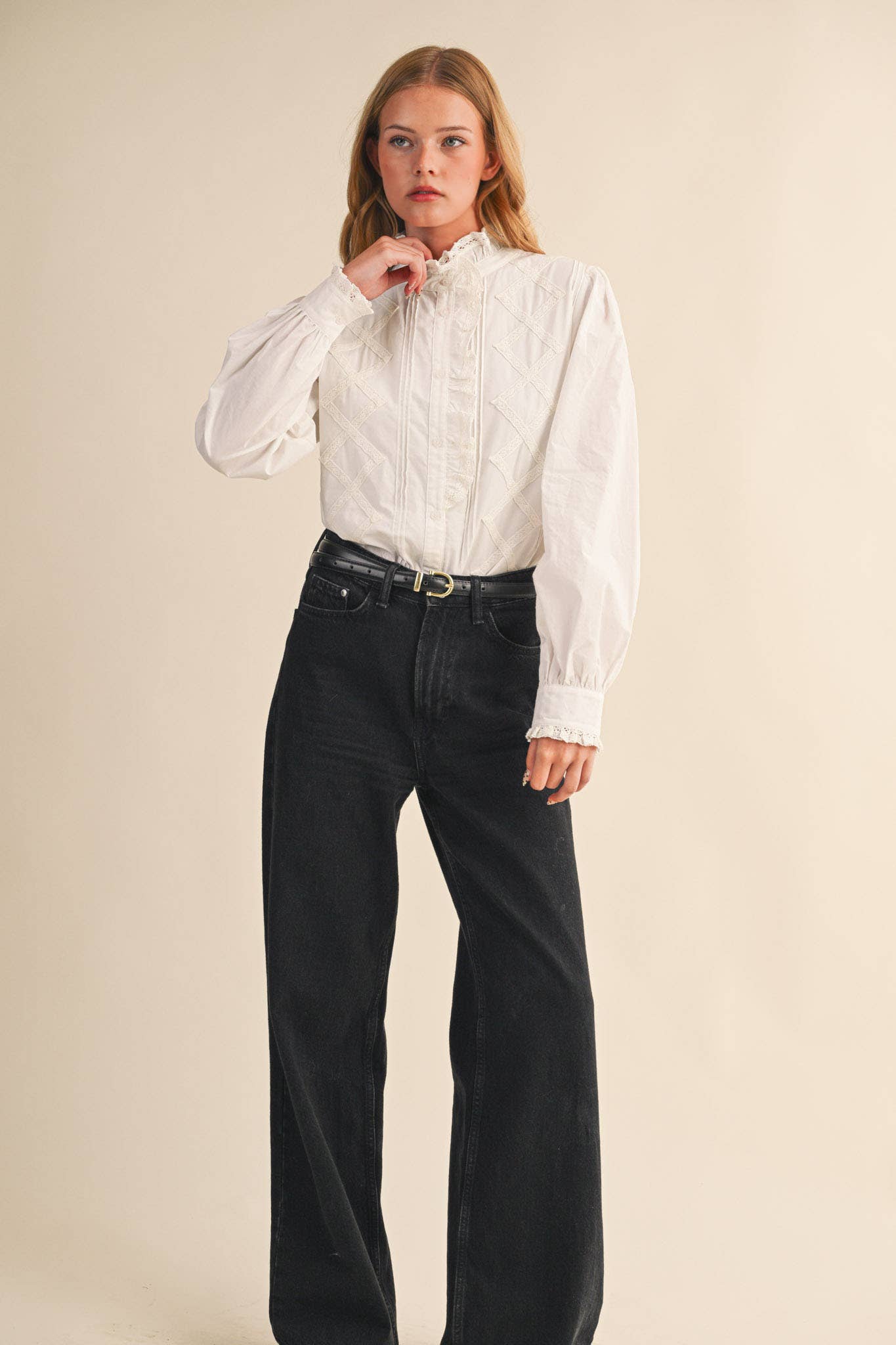 Ruffled Lace Trim Button Down Top