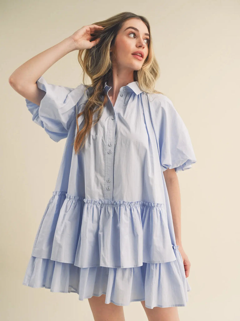Bubble Sleeve Button Down Babydoll Dress